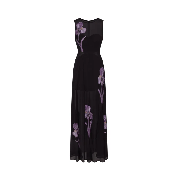 Sheer Floral Print Paneled Maxi Dress in Black