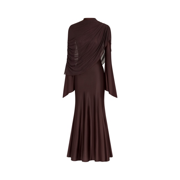 JW PEI Sheer Shawl Ruched Bodycon Maxi Gown