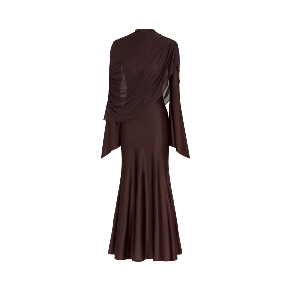 Sheer Shawl Ruched Bodycon Maxi Gown in Brown