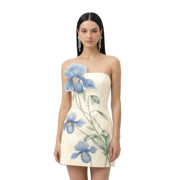 Slipper Orchid Appliqué Mini Dress in Ivory/Blue