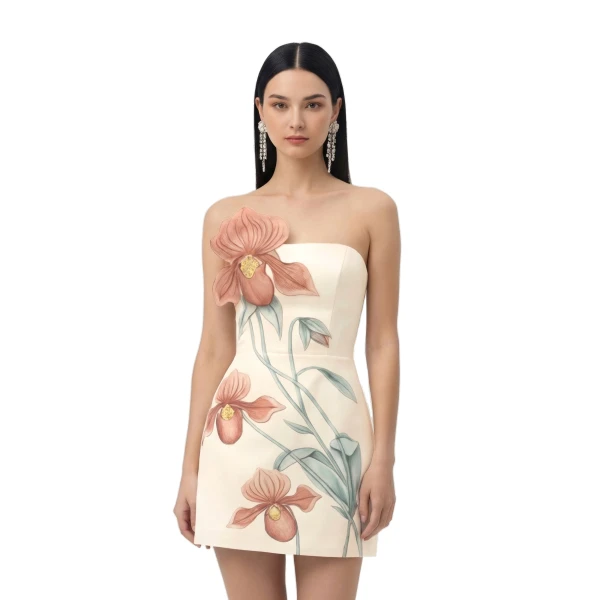 Slipper Orchid Appliqué Mini Dress in Ivory/Peach Pink
