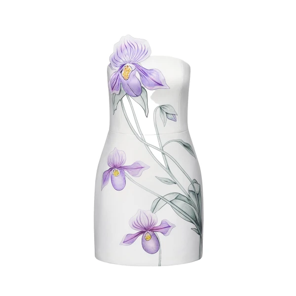 Slipper Orchid Appliqué Mini Dress in White