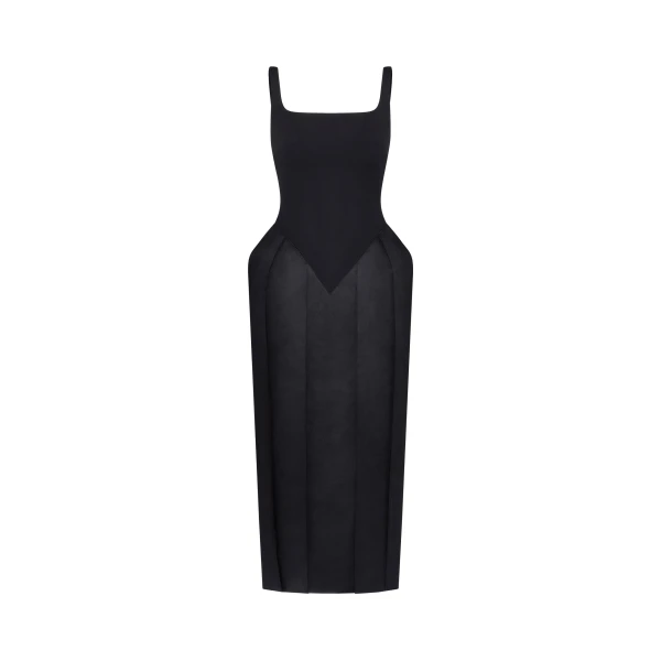 Square Neck Pannier Midi Dress in Black