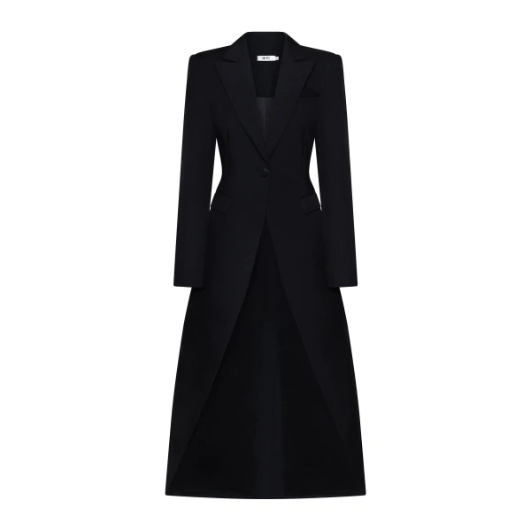 Structured Peak-Lapel Cutaway Maxi Blazer in Black