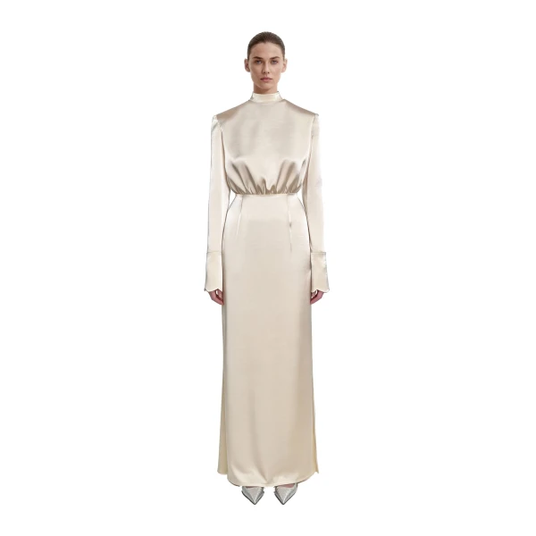 Structured Shoulder Design Satin High-Neck Fitted Maxi Dress in Cream
