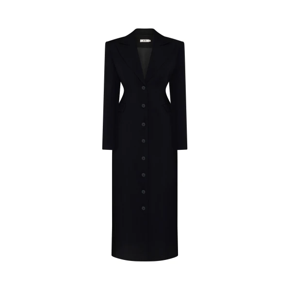 Structured Shoulder Fitted Lapel Maxi Coat in Black