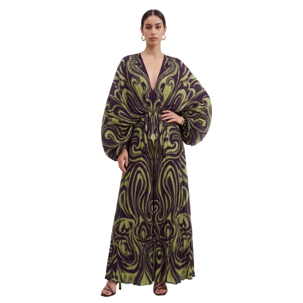 Swirl Print Batwing Sleeve Plunge Maxi Dress in Olive & Purple