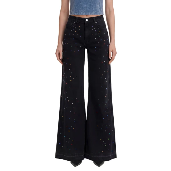 The Troublemaker Multi-Color Rhinestone Split Fray Jeans in Midnight Confessions