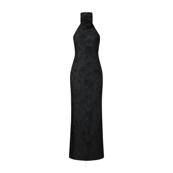 Uliana Black Floral Lace Halterneck Maxi Dress in Black