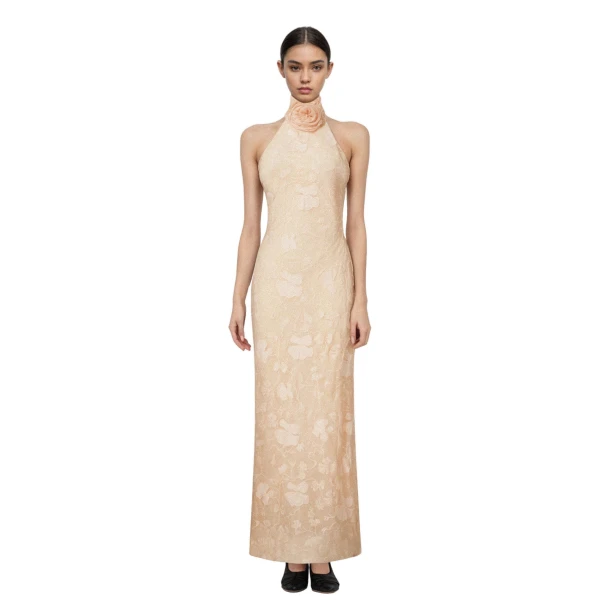 Uliana Pink Beige Floral Lace Halterneck Maxi Dress in Pink Beige