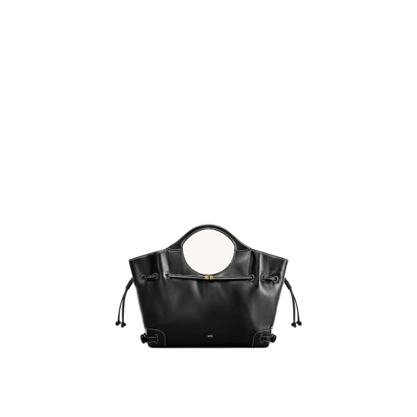 Virelle Waxed Vegan Leather Drawstring Tote Bag in Black
