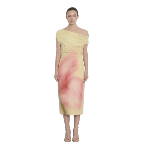 Watercolor Floral Print One-Shoulder Asymmetric Midi Dress in Yellow