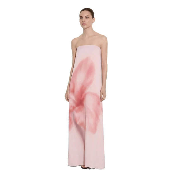 Watercolor Floral Print Strapless Maxi Dress in Pink