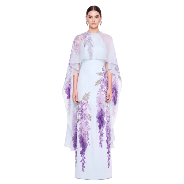Wisteria Chiffon Cape Maxi Dress in Light Blue