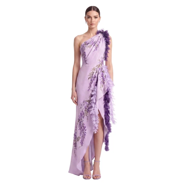 Wisteria Petal Cascade One-Shoulder Maxi Dress in Lavender