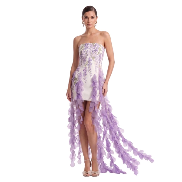 Wisteria Petal-Train Strapless Mini Dress in Ivory
