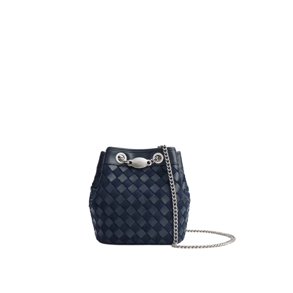 Yara Faux Suede Hand-Woven Bucket Bag in Dark Blue