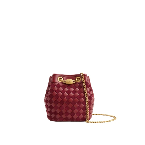 Yara Faux Suede Hand-Woven Bucket Bag in Dark Red