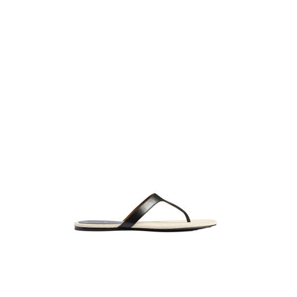 Khaite Archer Flat Sandal in Black Leather and Natural Canvas