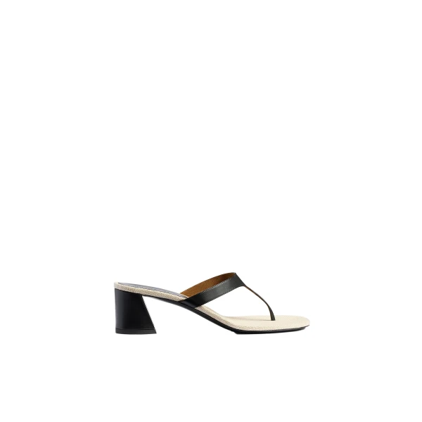 Archer Sandal in Black Leather and Natural Canvas