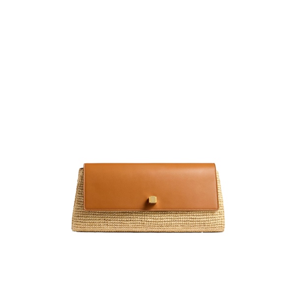 Khaite Audrey Clutch in Tan Leather and Natural Raffia