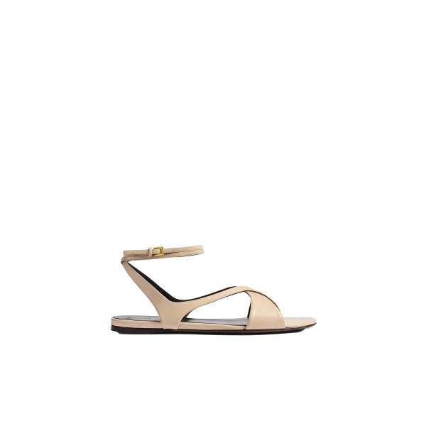 Liria Ankle Strap Flat Sandal in Nude Glazed Leather