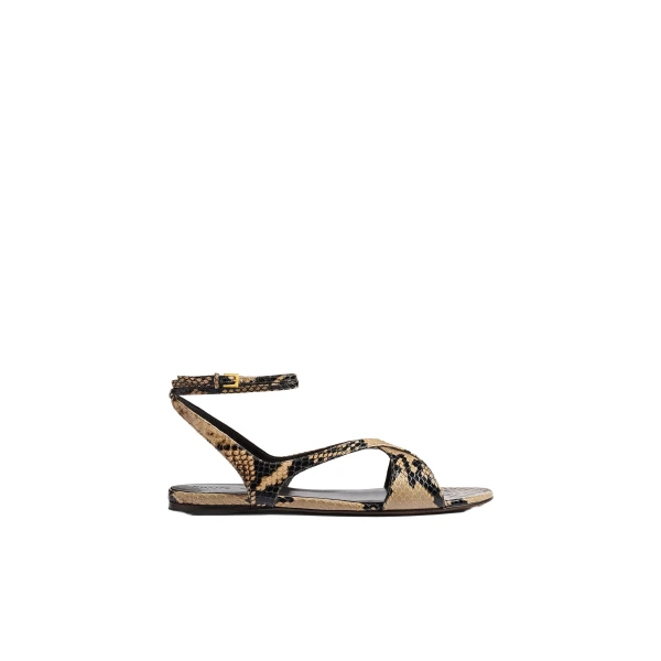 Liria Ankle Strap Flat Sandal in Python-Embossed Taupe