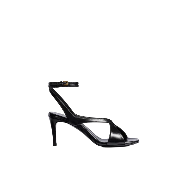 Liria Ankle Strap Sandal in Black Glazed Leather