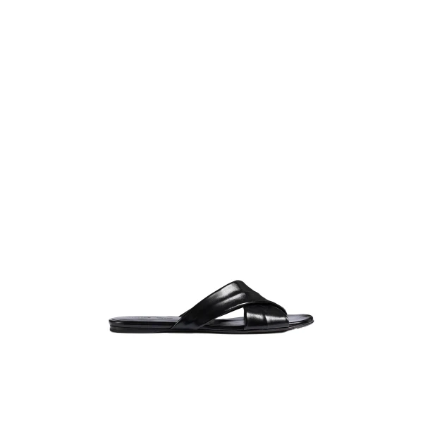 Liria Flat Sandal in Black Glazed Leather