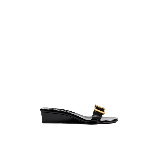 Khaite Manhattan Sandal in Black Glazed Leather