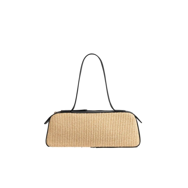 Khaite Simona Shoulder Bag in Natural Raffia with Black Leather