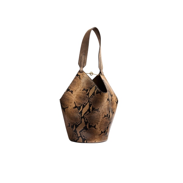 Khaite Small Lotus Tote in Python-Embossed Taupe and Morning Dove