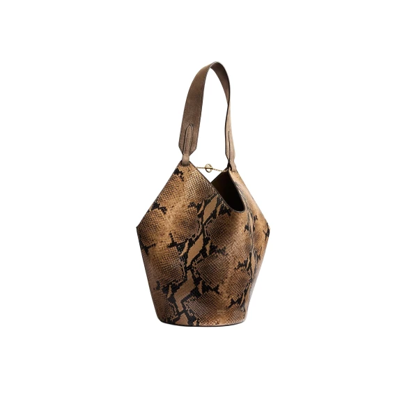 Khaite Small Lotus Tote in Python-Embossed Taupe and Morning Dove