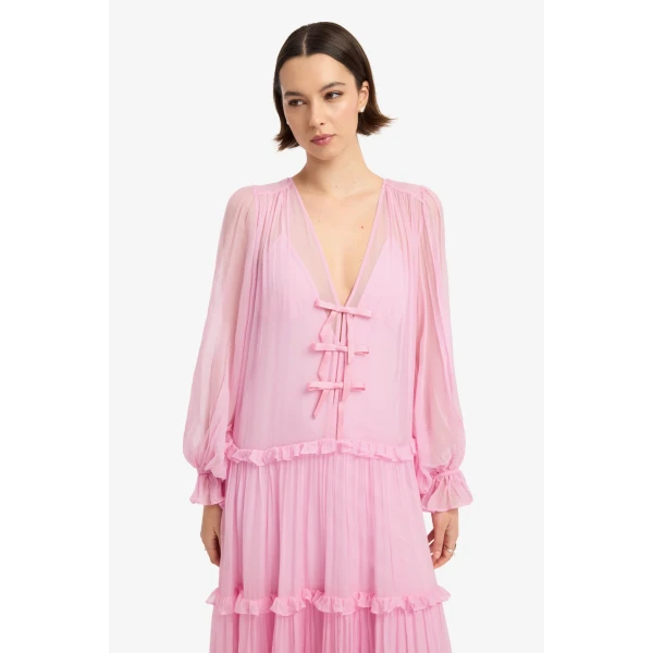 Leo Lin Teresa Bow Tiered Maxi Dress in Pink view 6