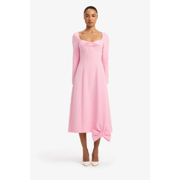 Leo Lin Erika Twist Bodice Bow Midi Dress in Pink view 2