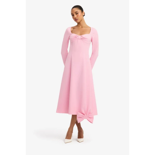 Leo Lin Erika Twist Bodice Bow Midi Dress in Pink view 3