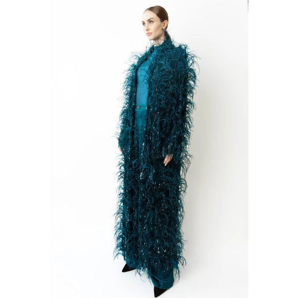 cascading feather embellished coat