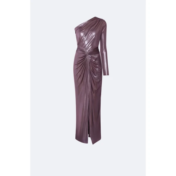 Coated Jersey One Shoulder Draped Maxi Dress in Dark Mauve
