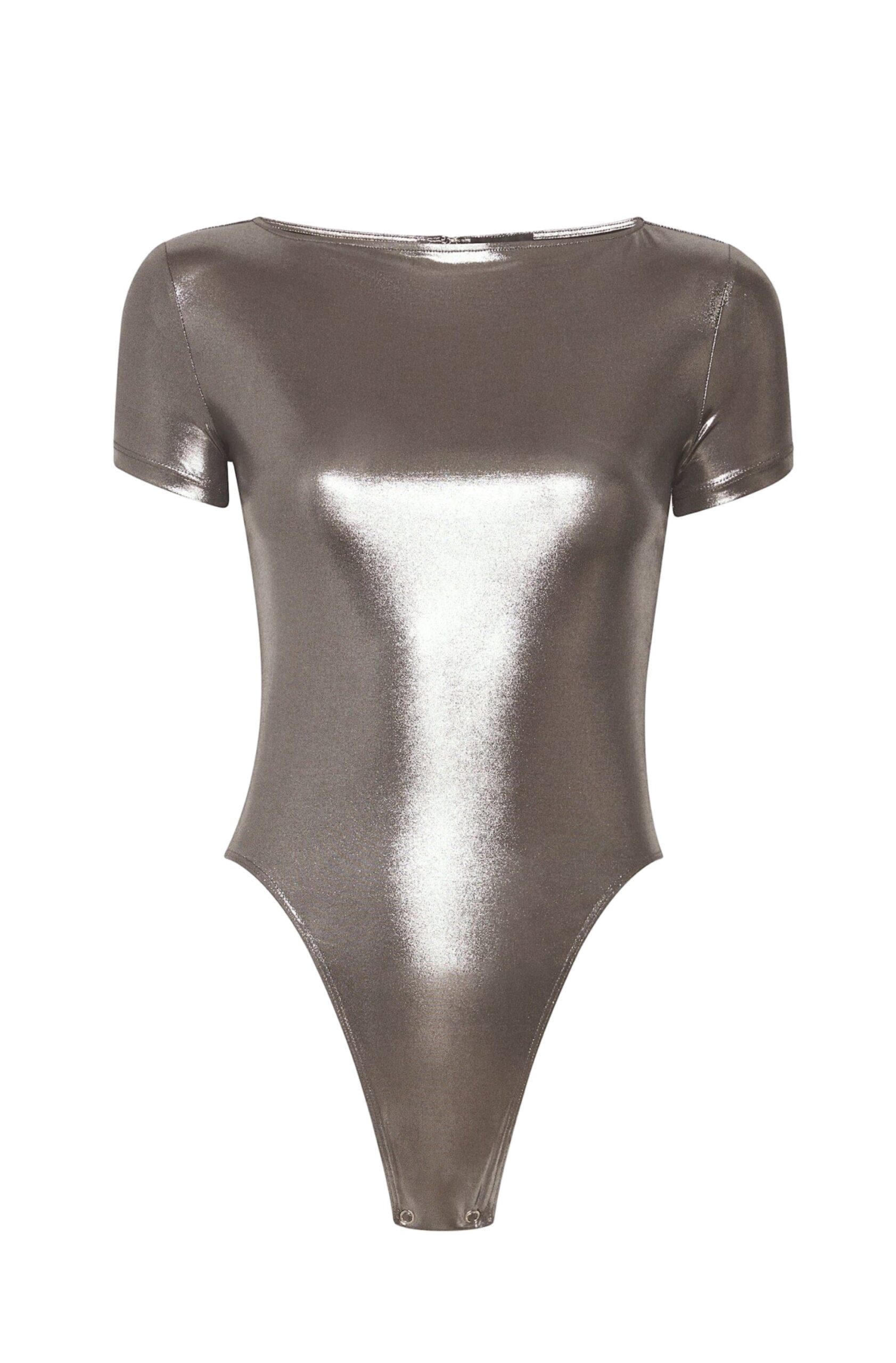 Coated Jersey Short Sleeve Boatneck Bodysuit in Steel