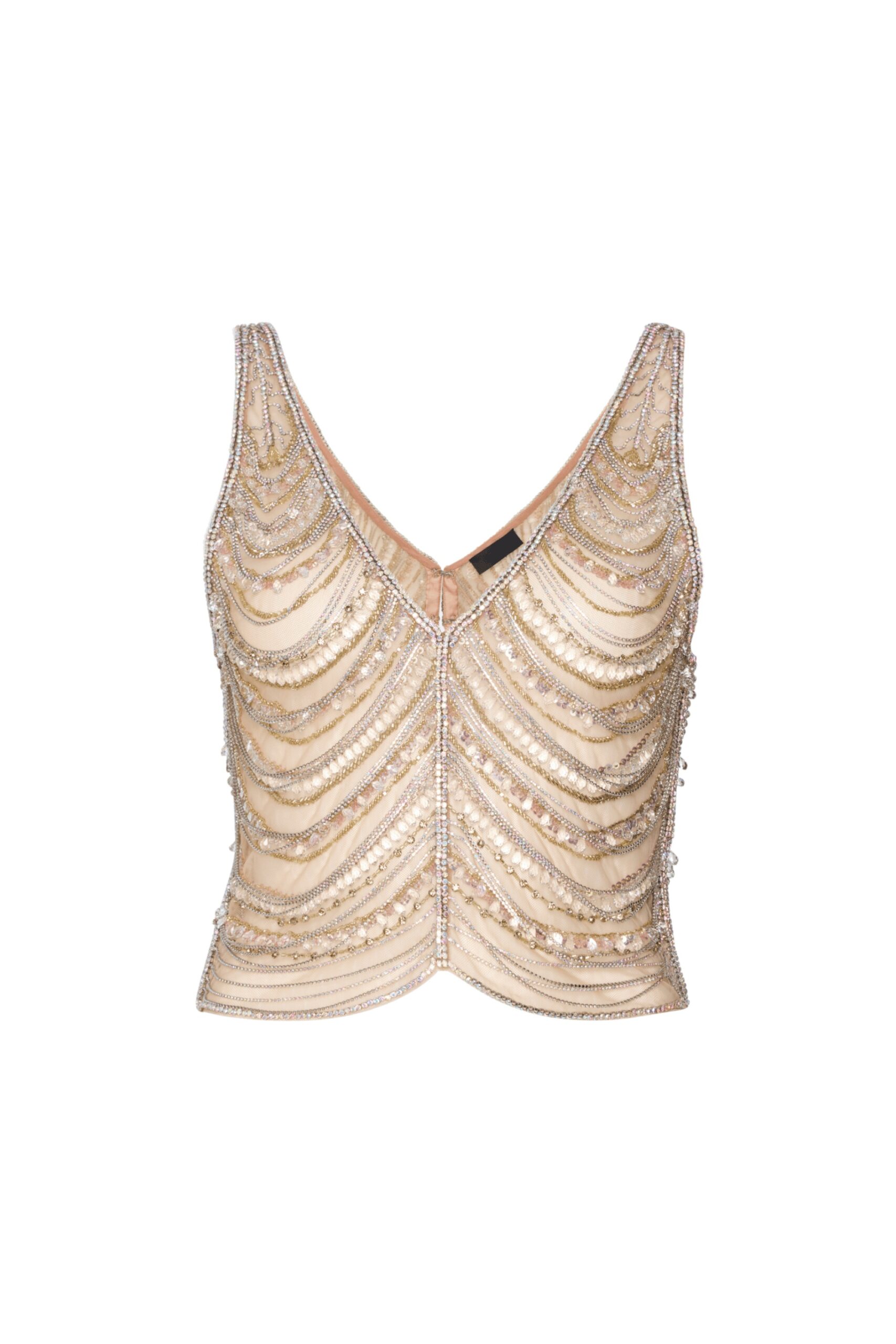 Draped Crystal Embroidery V Neck Tank in Silver