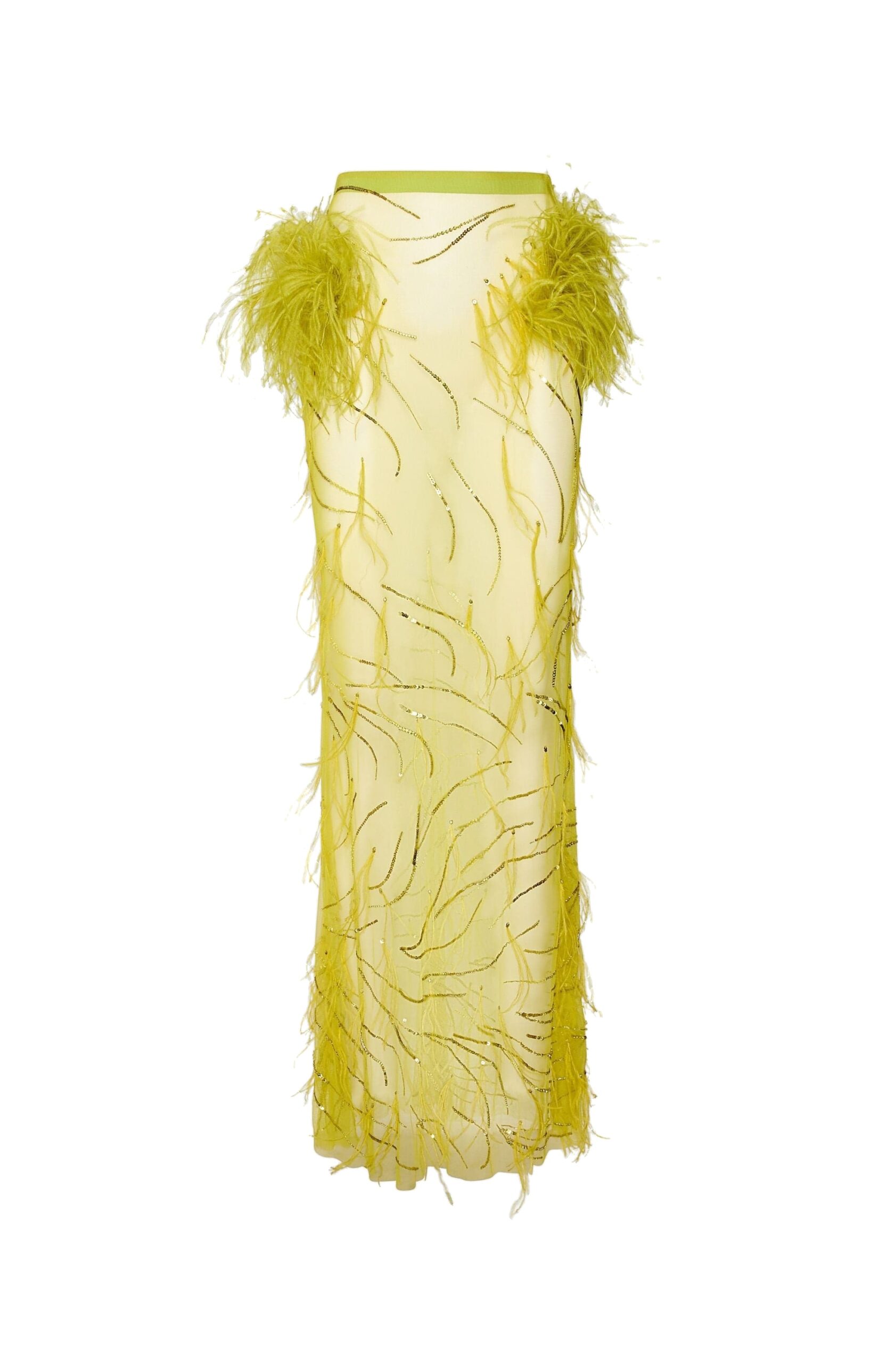 Feather Embroidery Flare Skirt in Chartreuse