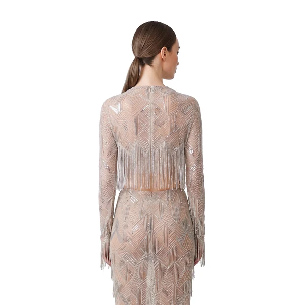 geometric crystal fringe cropped top