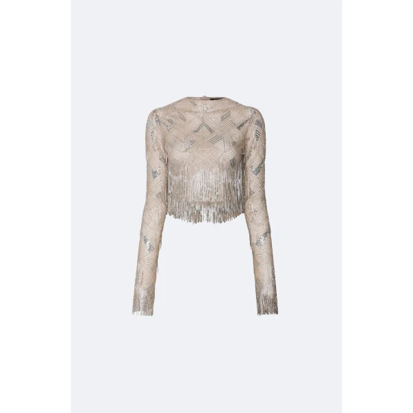 Geometric Crystal Fringe Cropped Top in Silver