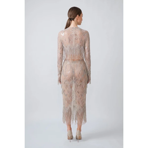 geometric crystal fringe high waist skirt