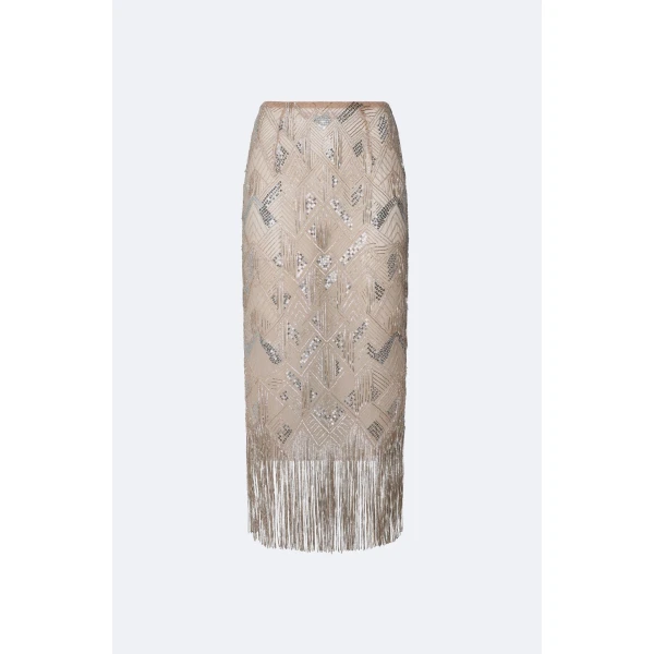 Geometric Crystal Fringe High Waist Skirt in Silver