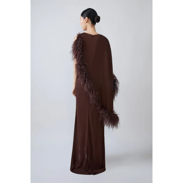 georgette asymmetric draped gown with feathers