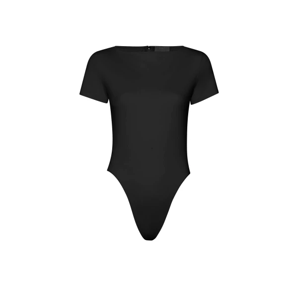Jersey Short Sleeve Boatneck Bodysuit in Black