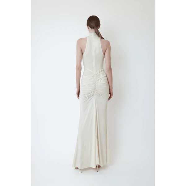 jersey sleeveless halter ruched gown
