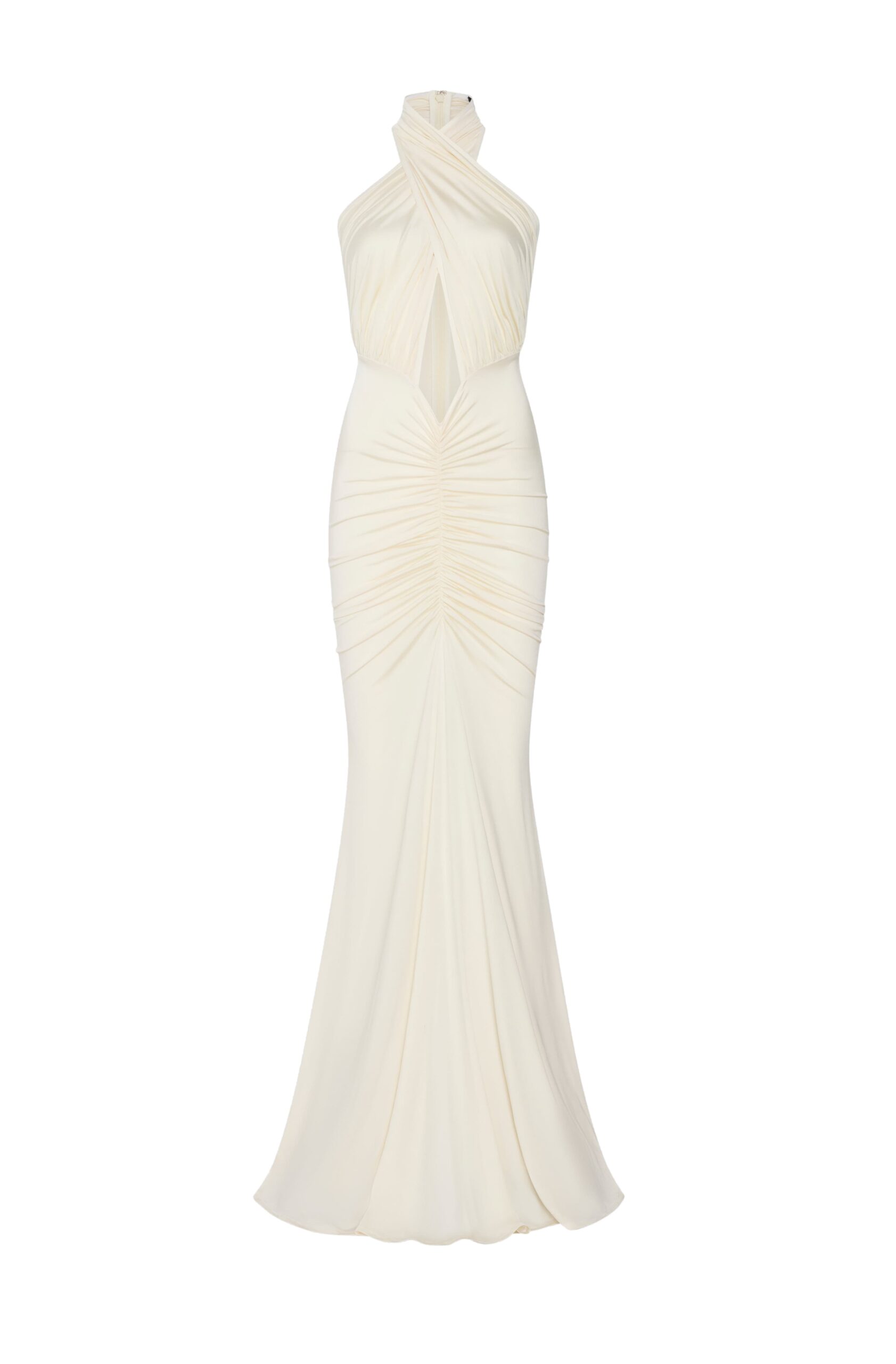 Jersey Sleeveless Halter Ruched Gown in Cream