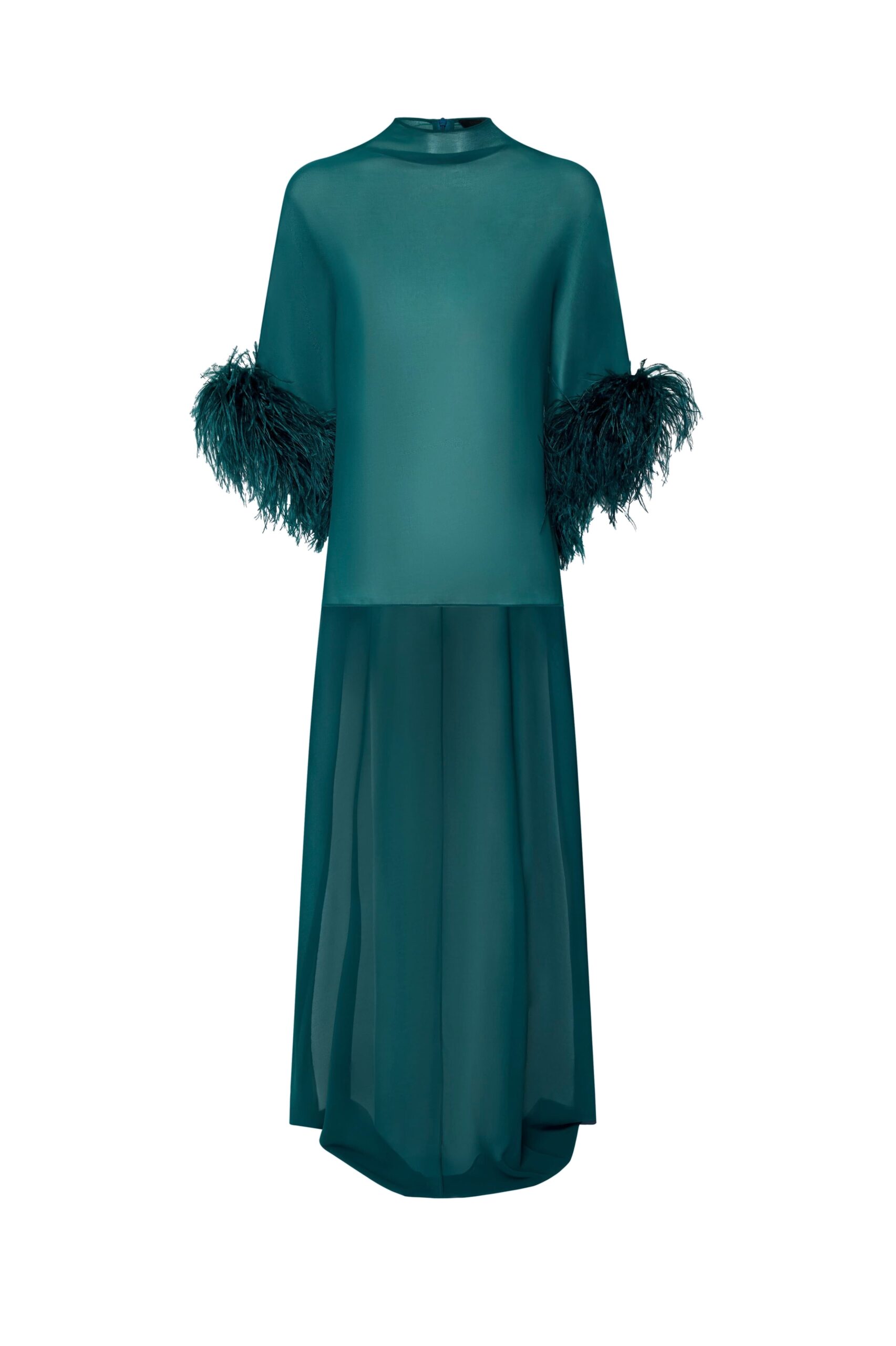 Lightweight Georgette High Low Top With Feathers in Emerald